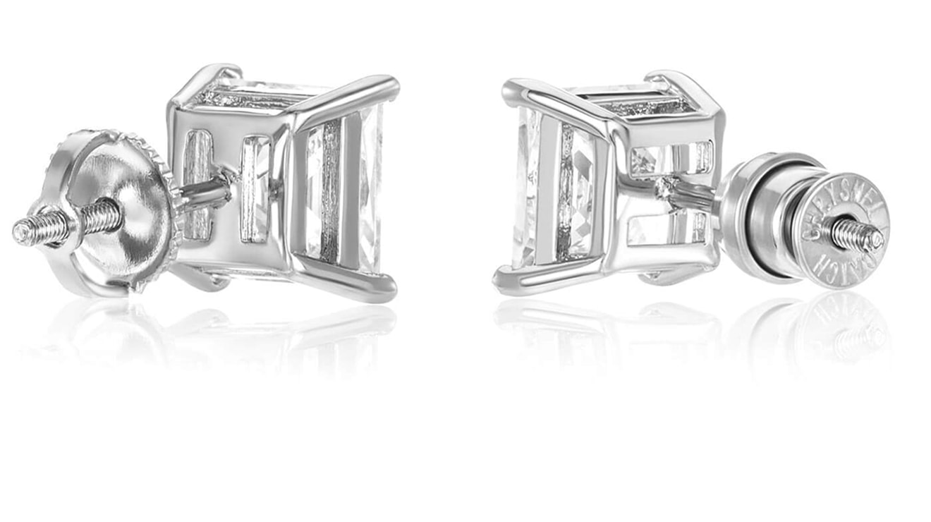 Close-up of princess-cut diamond studs: one uses a typical screw-back, the other shows the Chrysmela Catch Diamond Earring Lock—patented micro ball-bearing grip plus a safety catch for lift, comfort, and heartbreak-proof security. Screw-Back Alternative: Chrysmela Catch for Peace-of-Mind Wearing Diamond Stud Earrings, Stop Diamond Stud Earring Loss